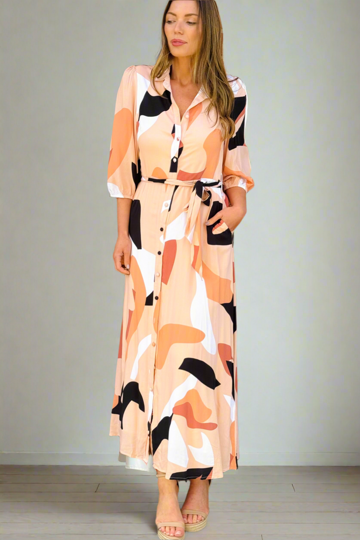 Martina Maxi Print Dress in Tan and Apricot