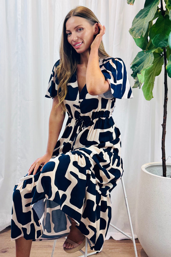 Santorini In Nude and Navy Print