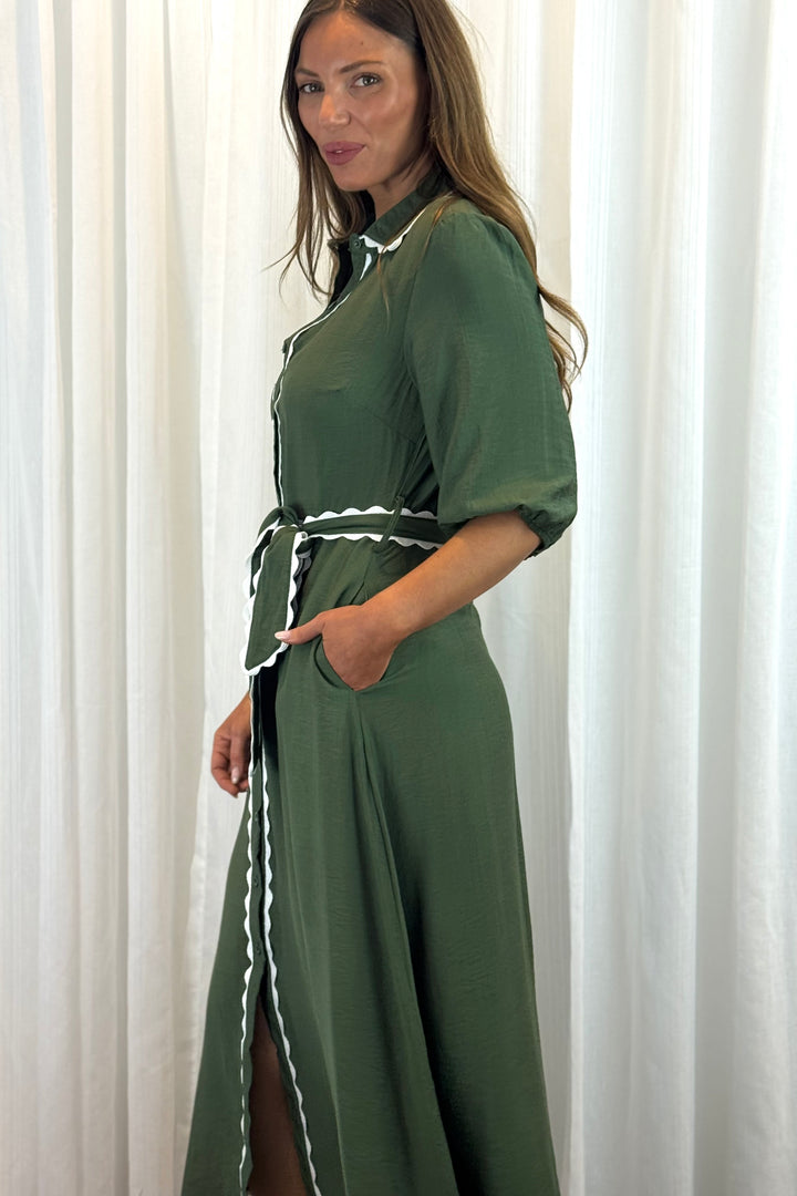Shyla Shirt Dress in Khaki With White Trim