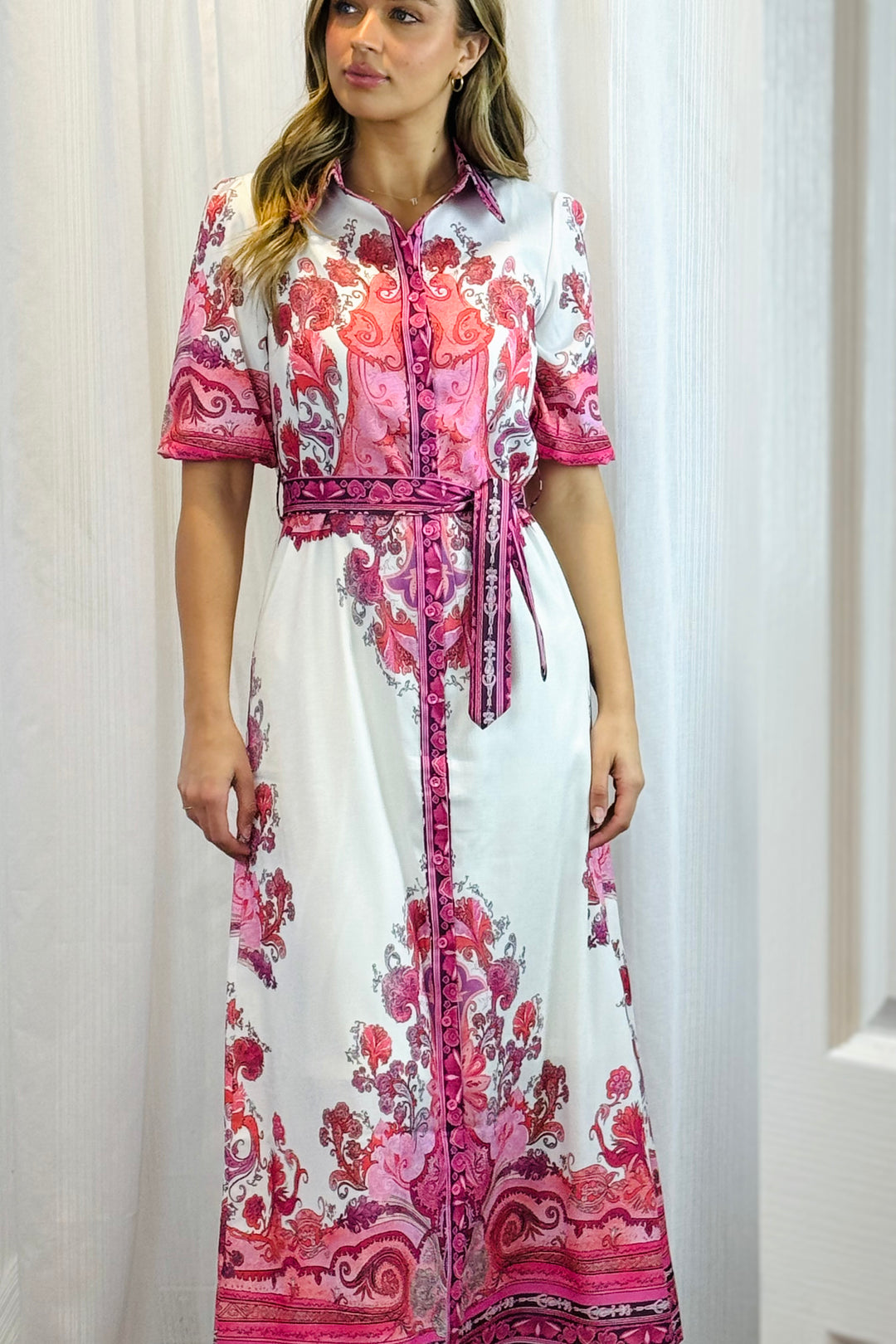 Portia Shirt Dress in White With Pink Embroidered Print
