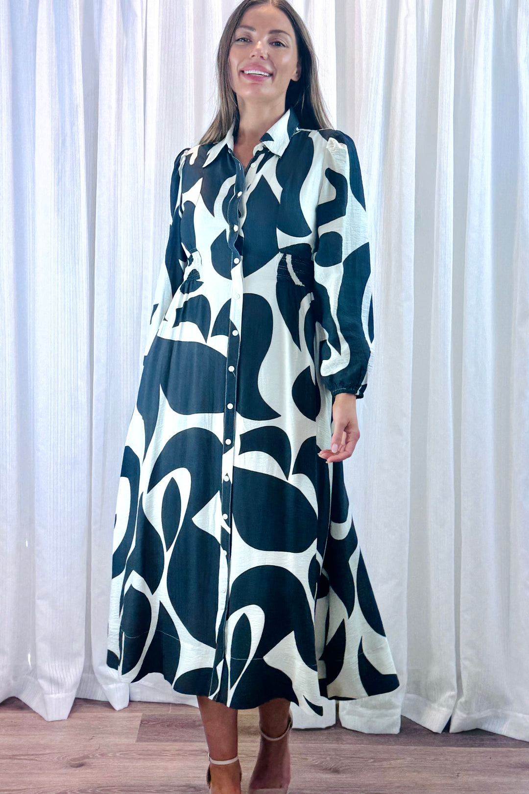 Tonia Shirt Dress in Black and Off White Multi Print