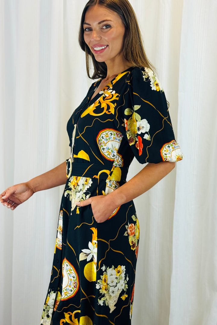Giulia Lemon Print Dress in Black