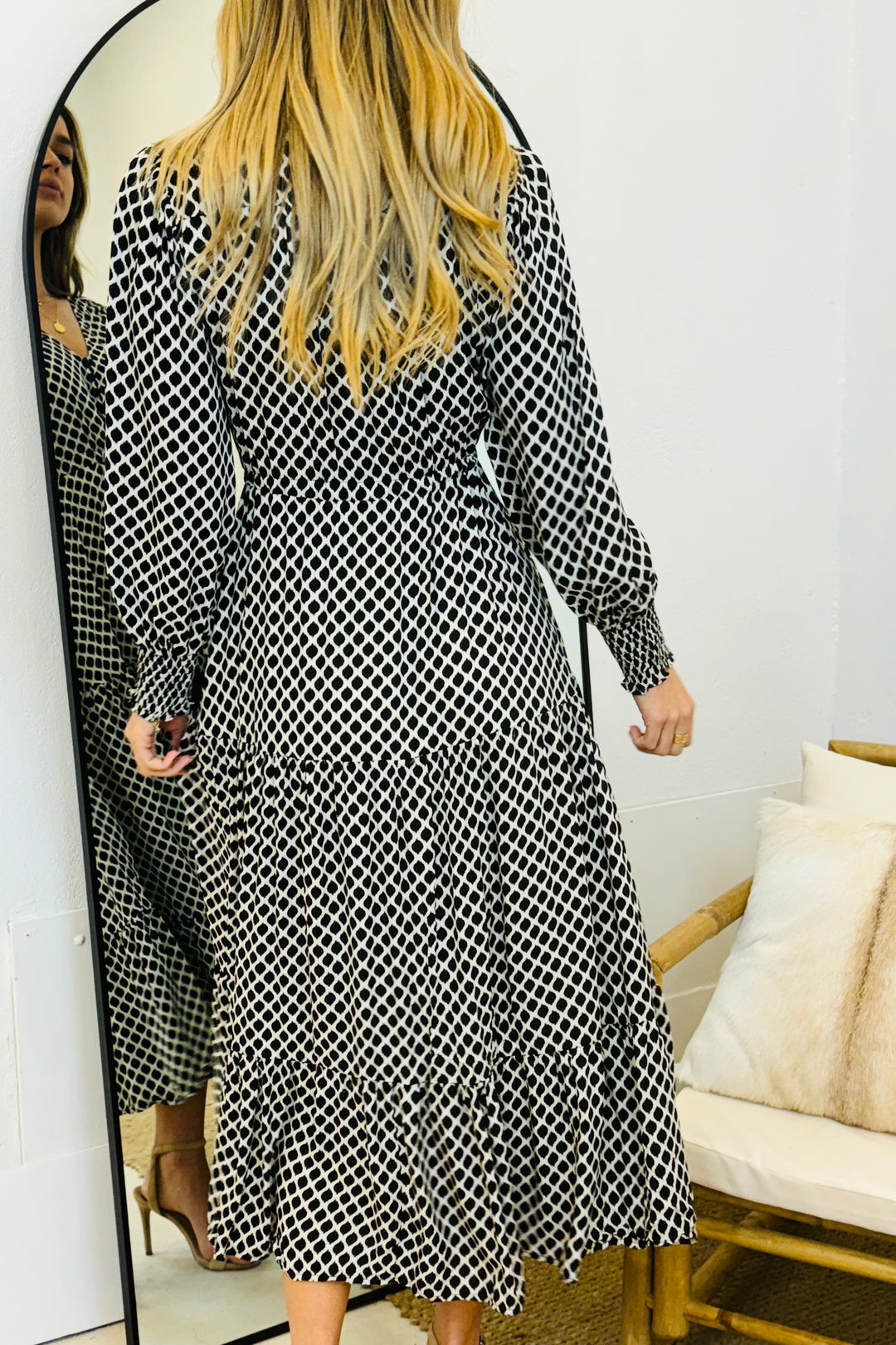 Charli Drawstring Midi Dress in Black and White Print