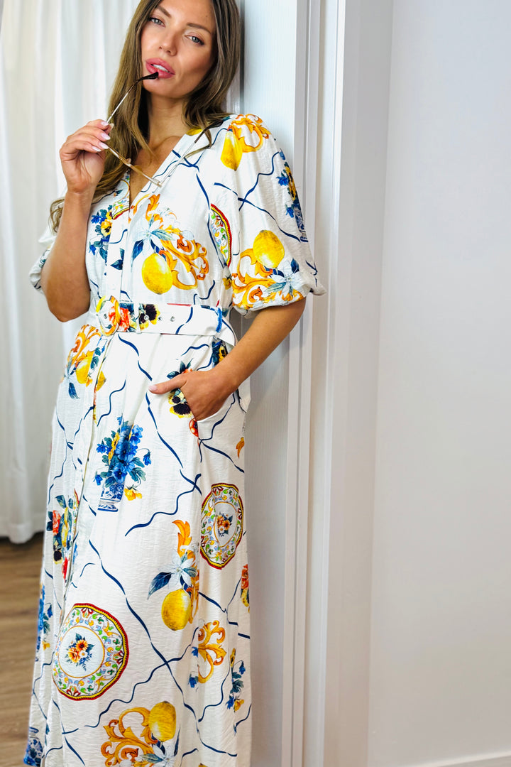 Giulia Shirt Dress in Off White Multi Lemon Print
