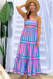 Carly Stripe  Midi Dress in Blue and Pink