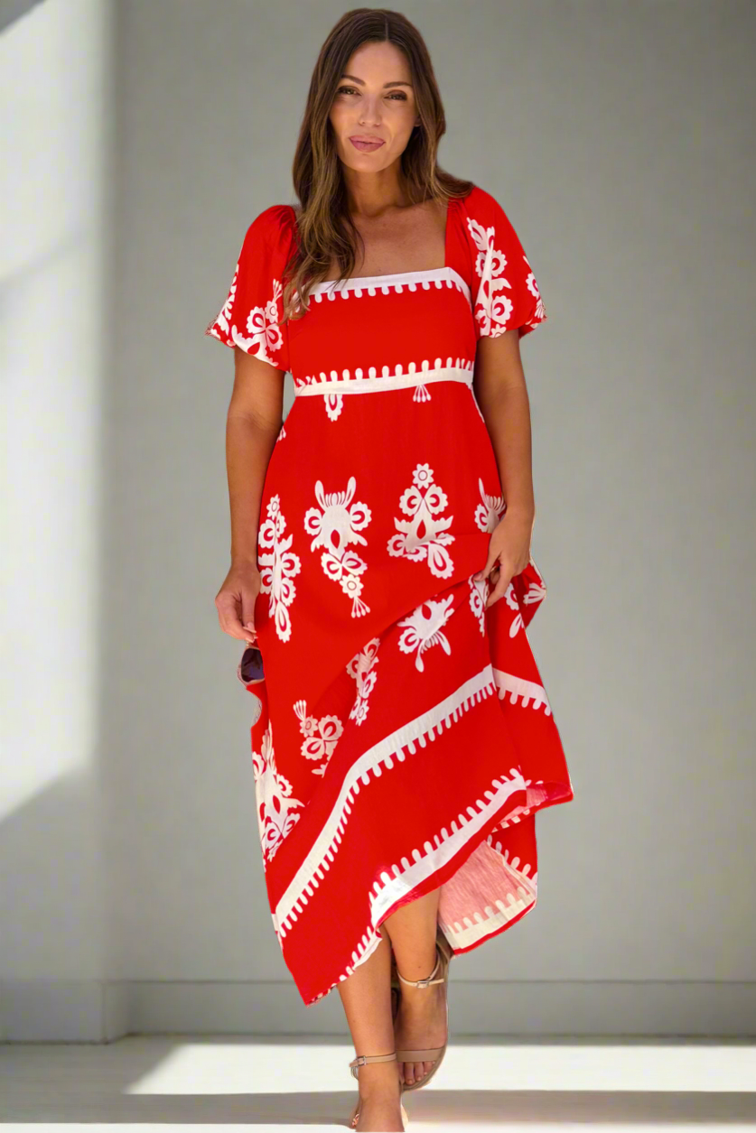 Bonnie Embroidered Print Dress in Red