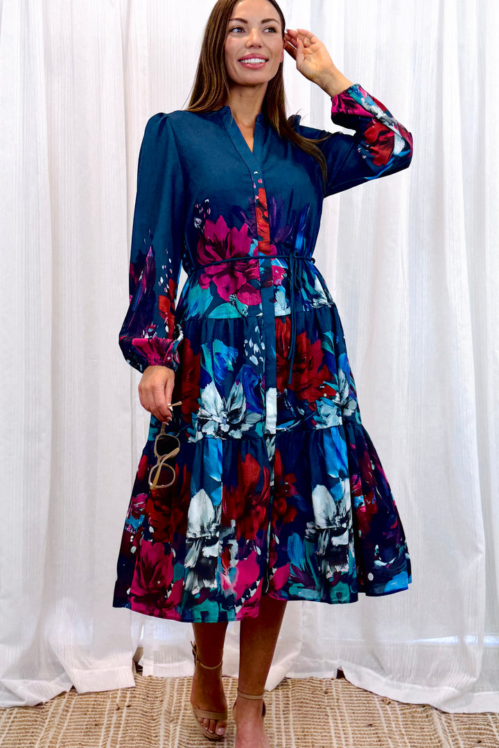 Messina Navy Multi Print Midi Dress