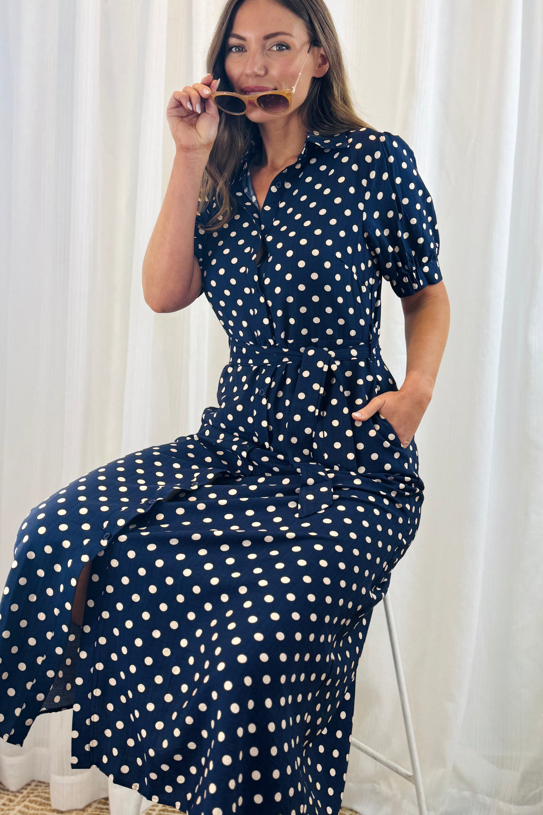 Tamika Spot Dress In Navy And Beige