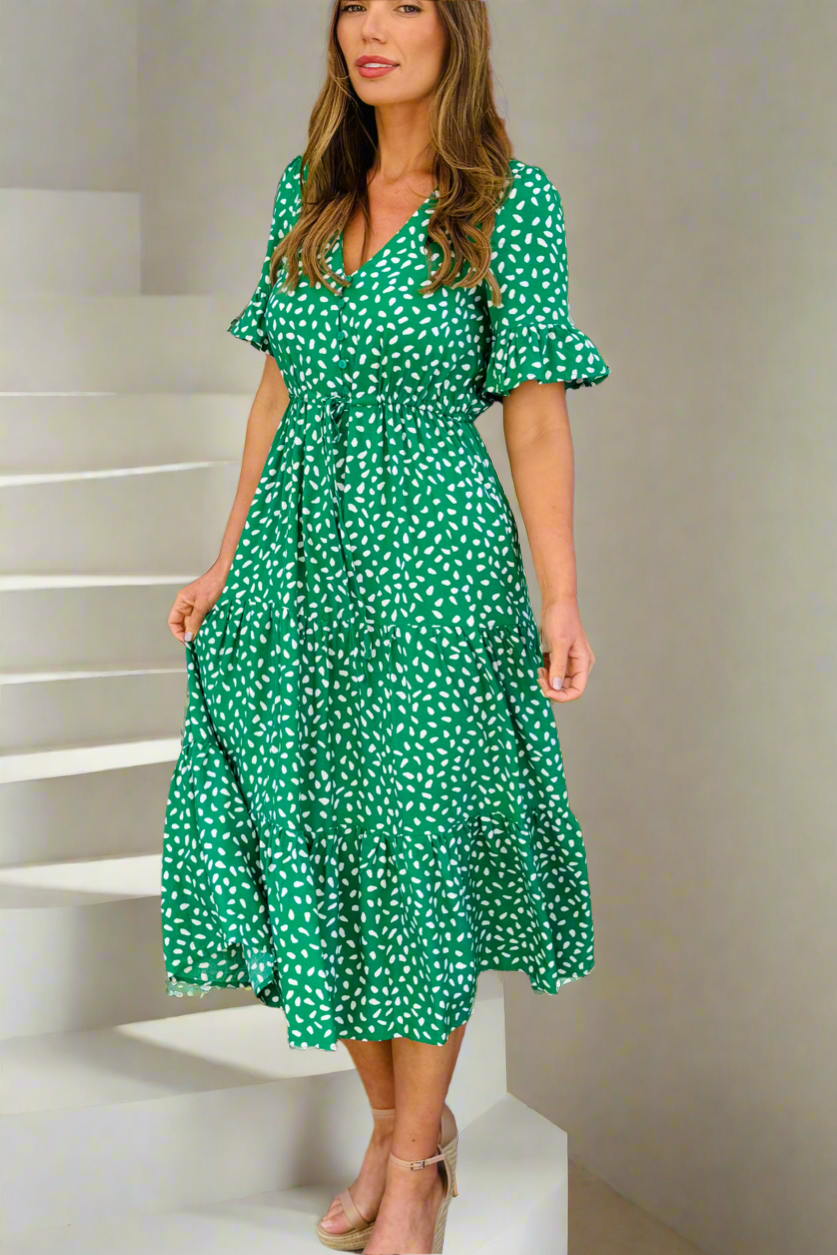 Jeannie Midi Dress  in Apple Green and White- Restocked