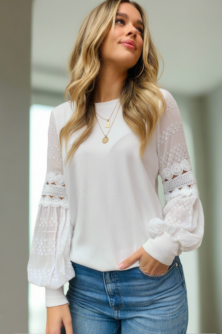 Molli Knit Top Detailed Sleeve in Off White
