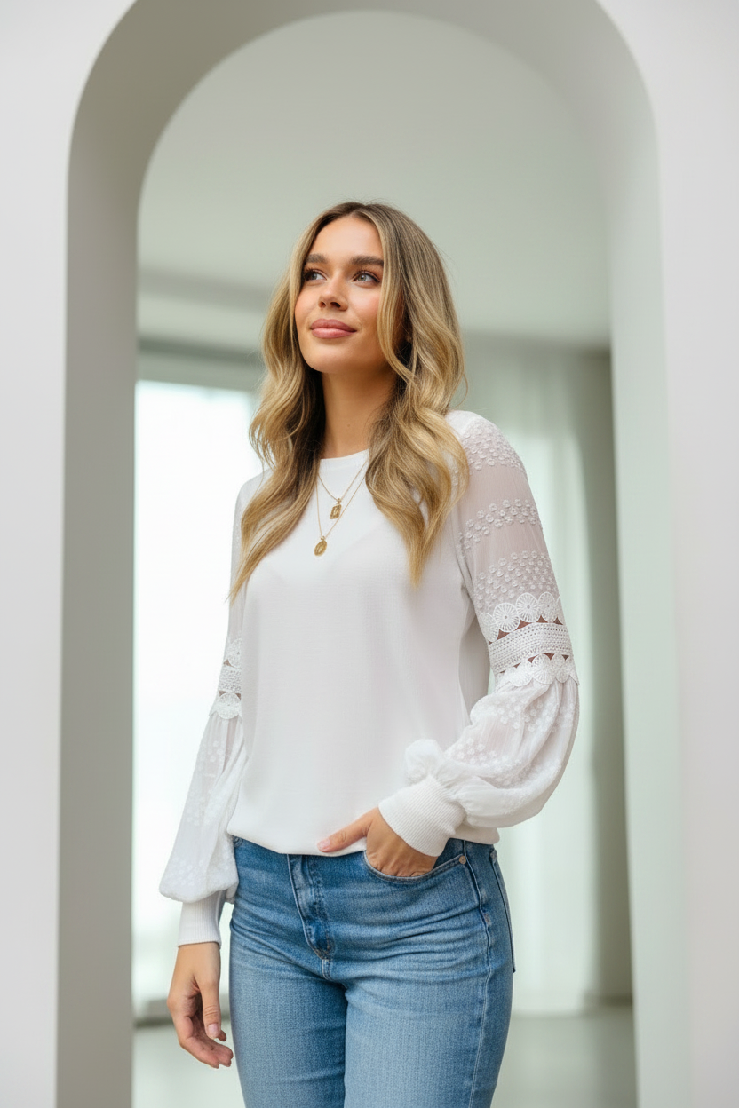 Molli Knit Top Detailed Sleeve in Off White