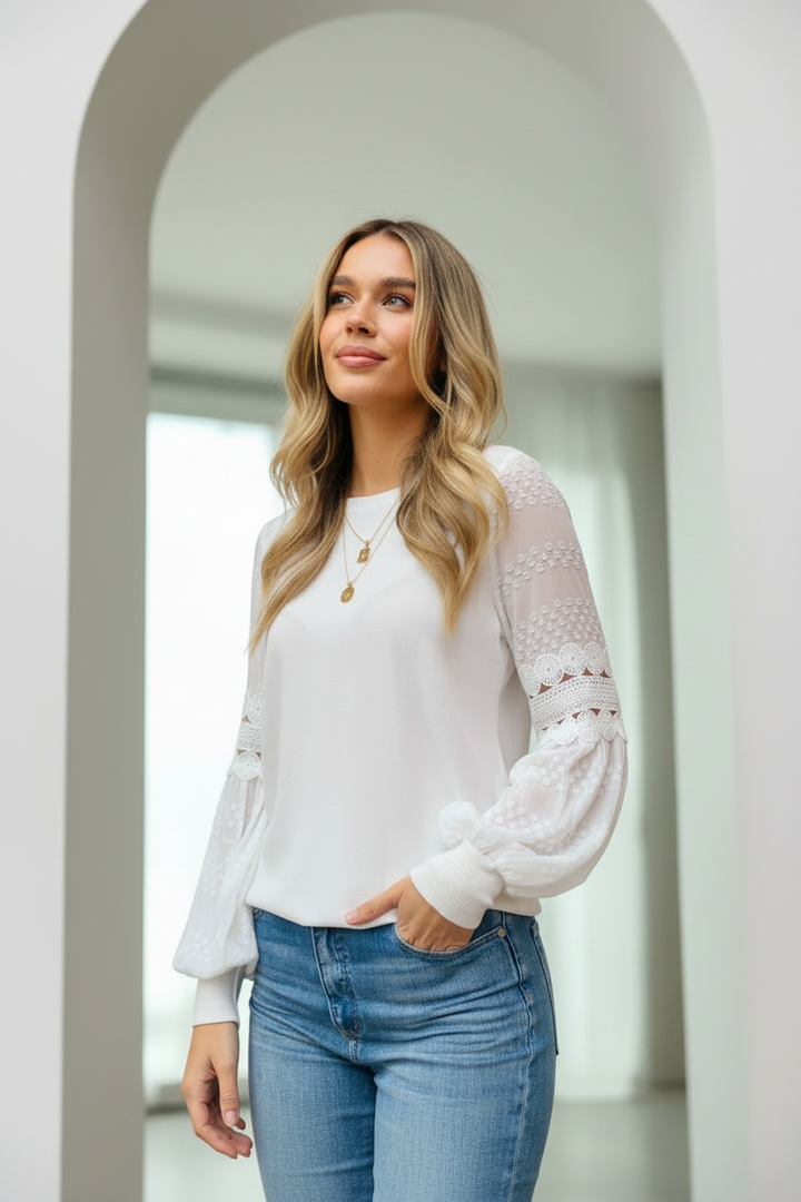 Molli Knit Top Detailed Sleeve in Off White