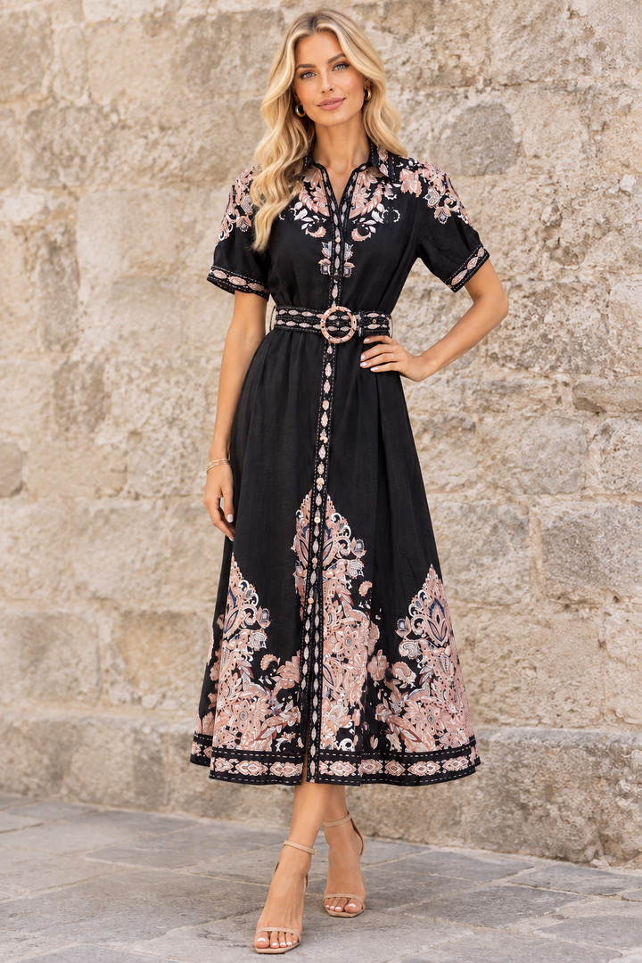 Georgia Black Maxi Dress With Embroidered Print