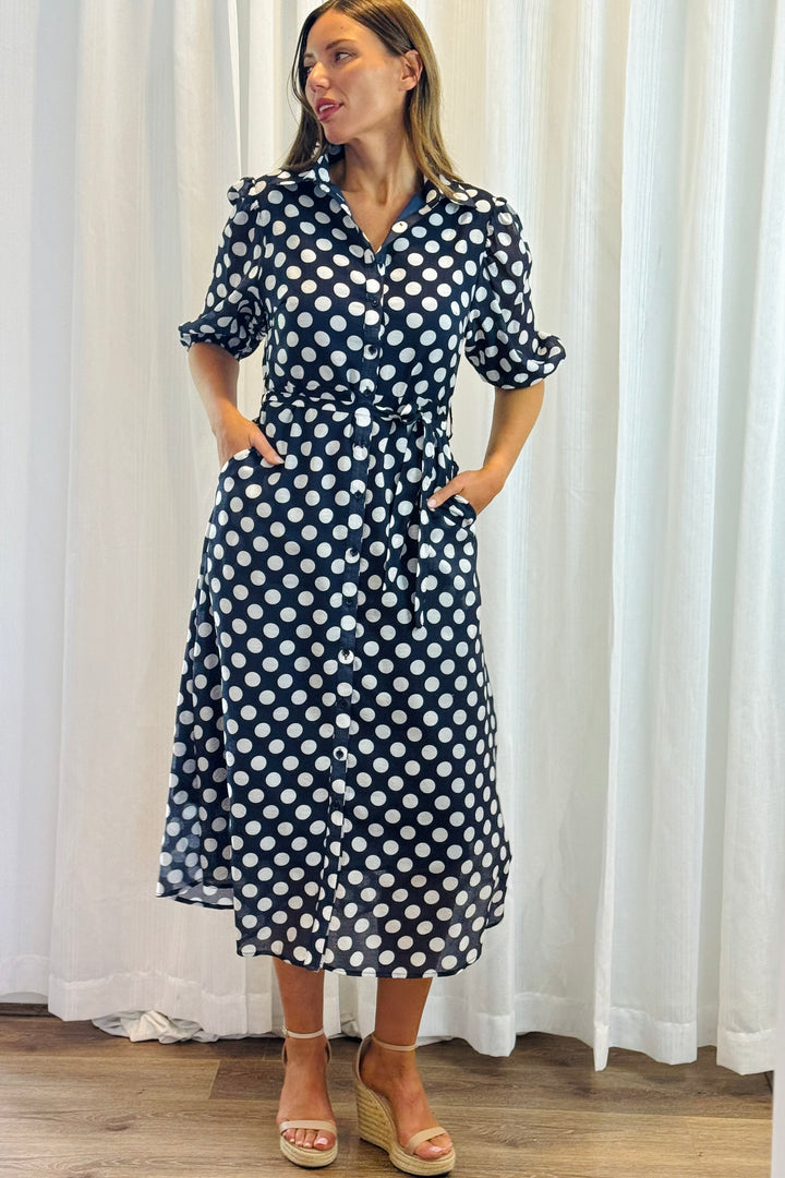 Fallon Shirt Dress In Navy and White Polka Dot-New Print