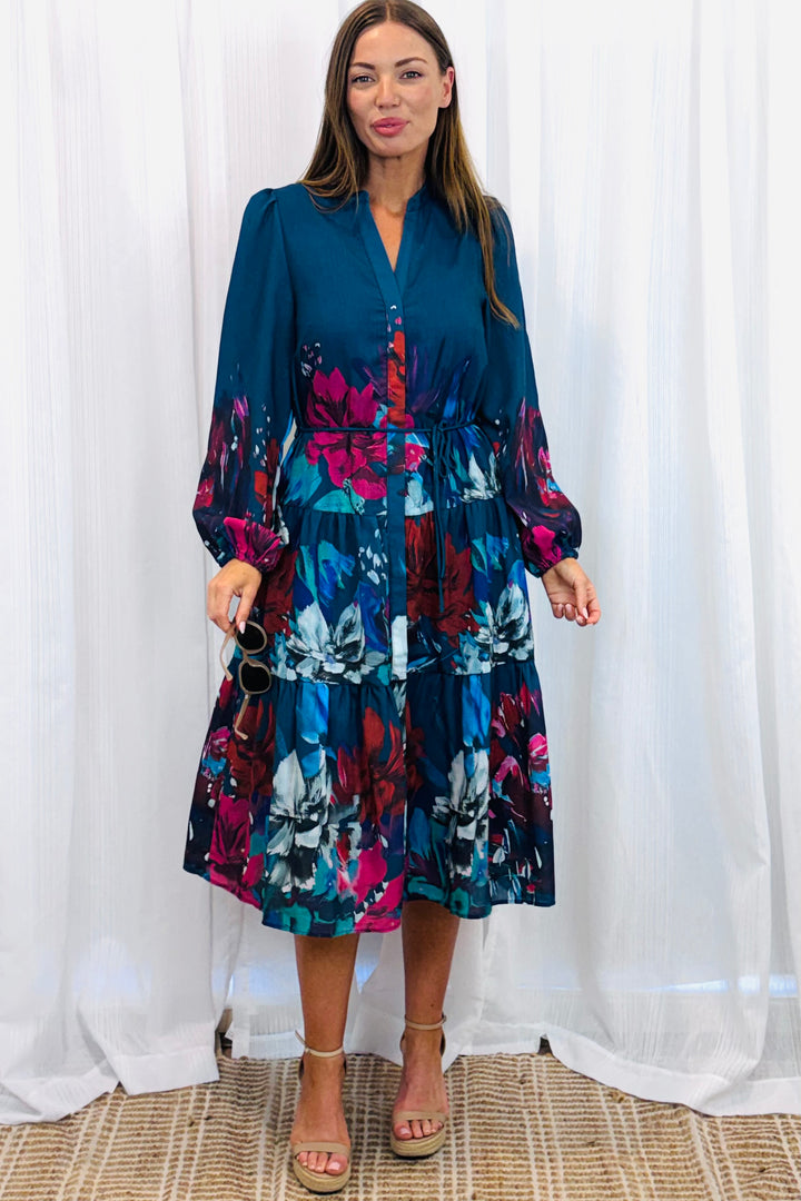 Messina Navy Multi Print Midi Dress