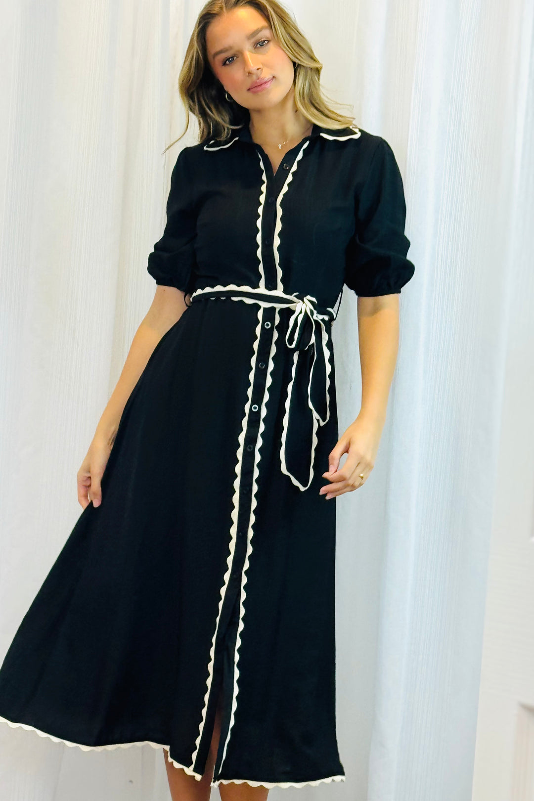 Shyla Shirt Dress in Black With White Trim