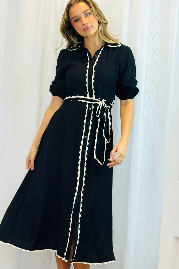 Shyla Shirt Dress in Black With White Trim