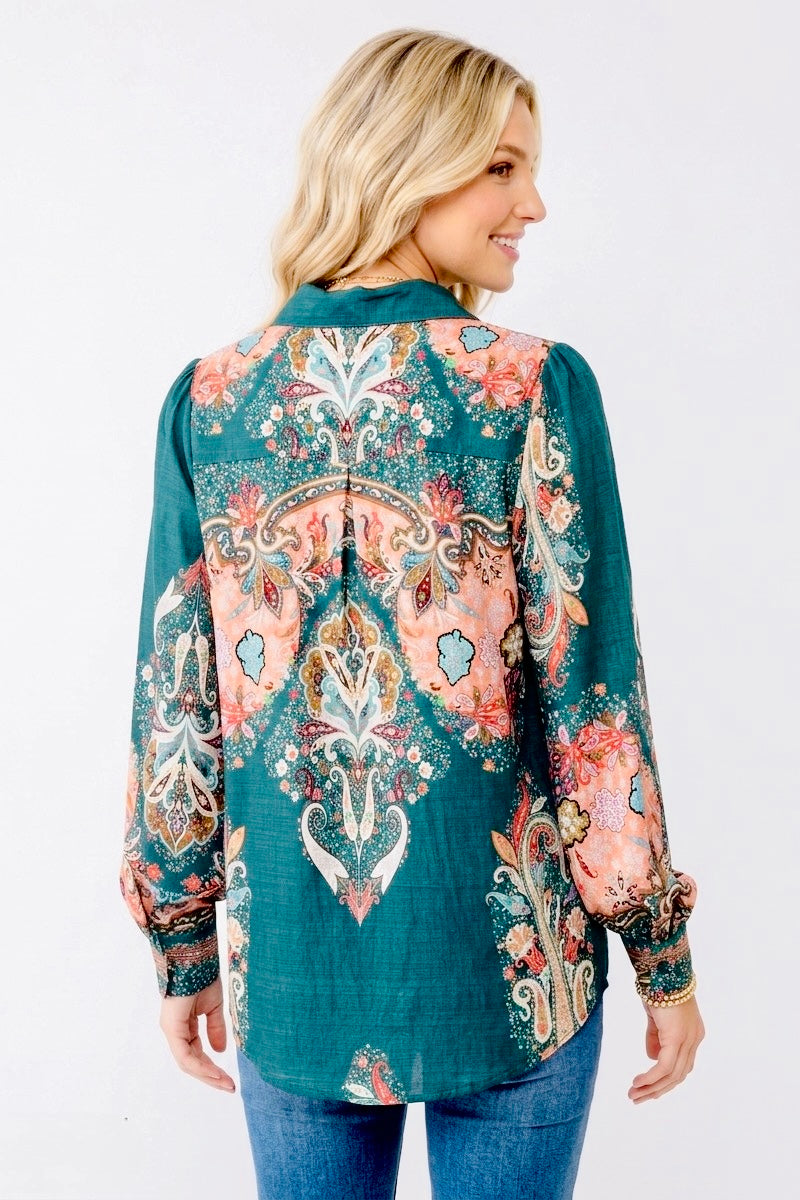Gidget Embroidered Print  Shirt in Green