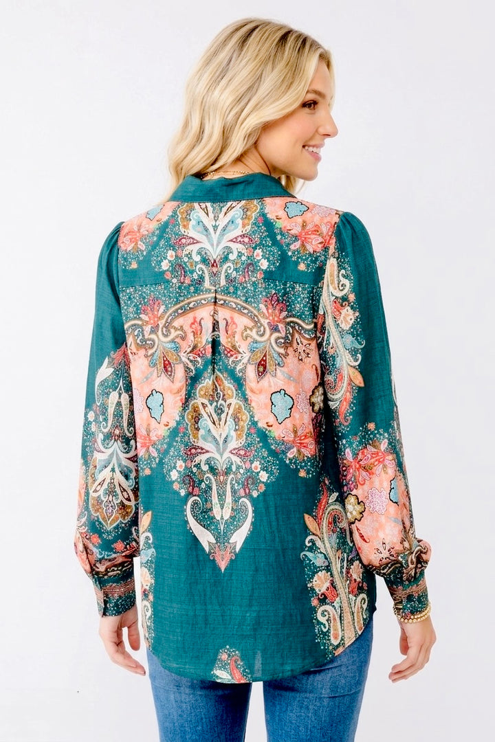 Gidget Embroidered Print  Shirt in Green