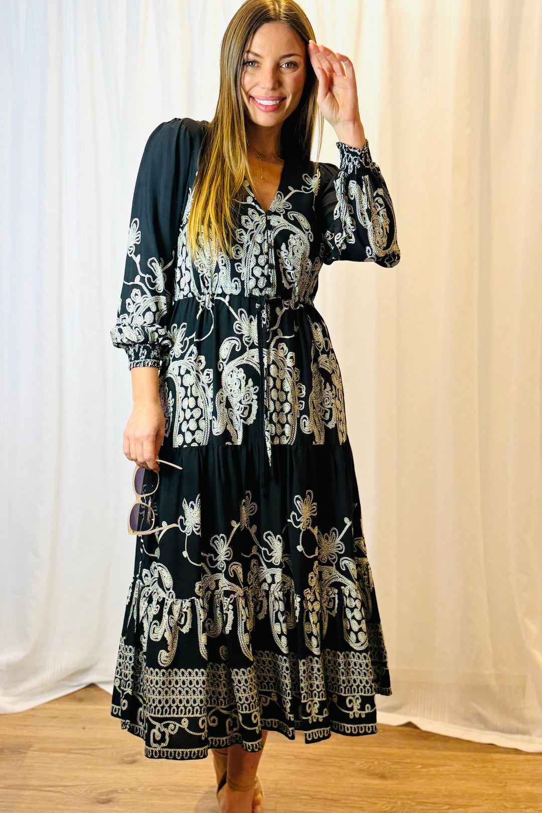 Davina Midi Dress in Black and White Print