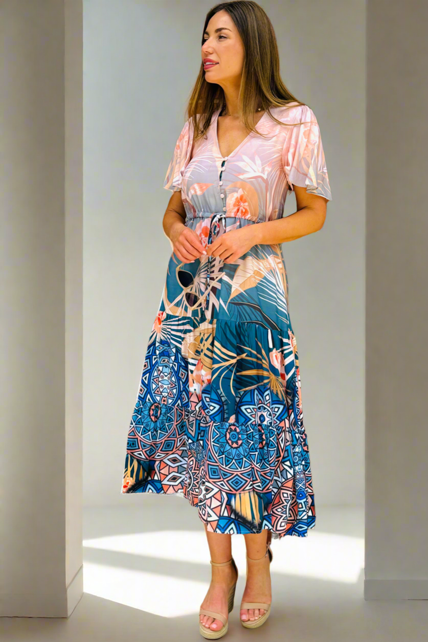 Sorrento Multi Print Midi in Apricot and Blue