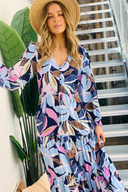 Willow Long Sleeve Maxi Dress in Blue Tone Print