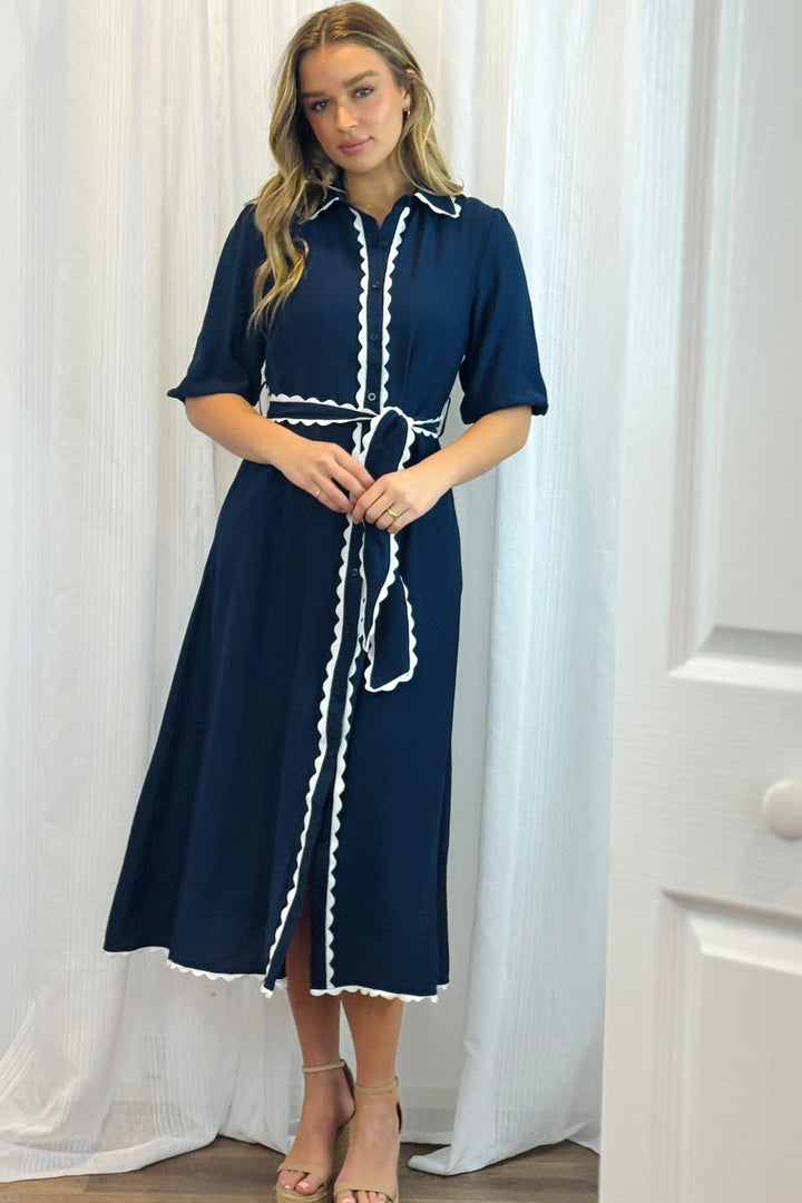 Shyla Dress in Navy with White Trimming