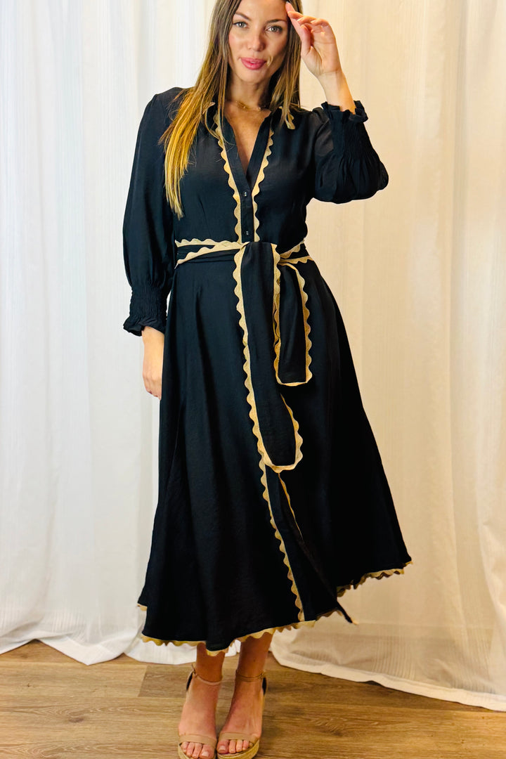 Shyla Midi Dress In Black With Tan Detail