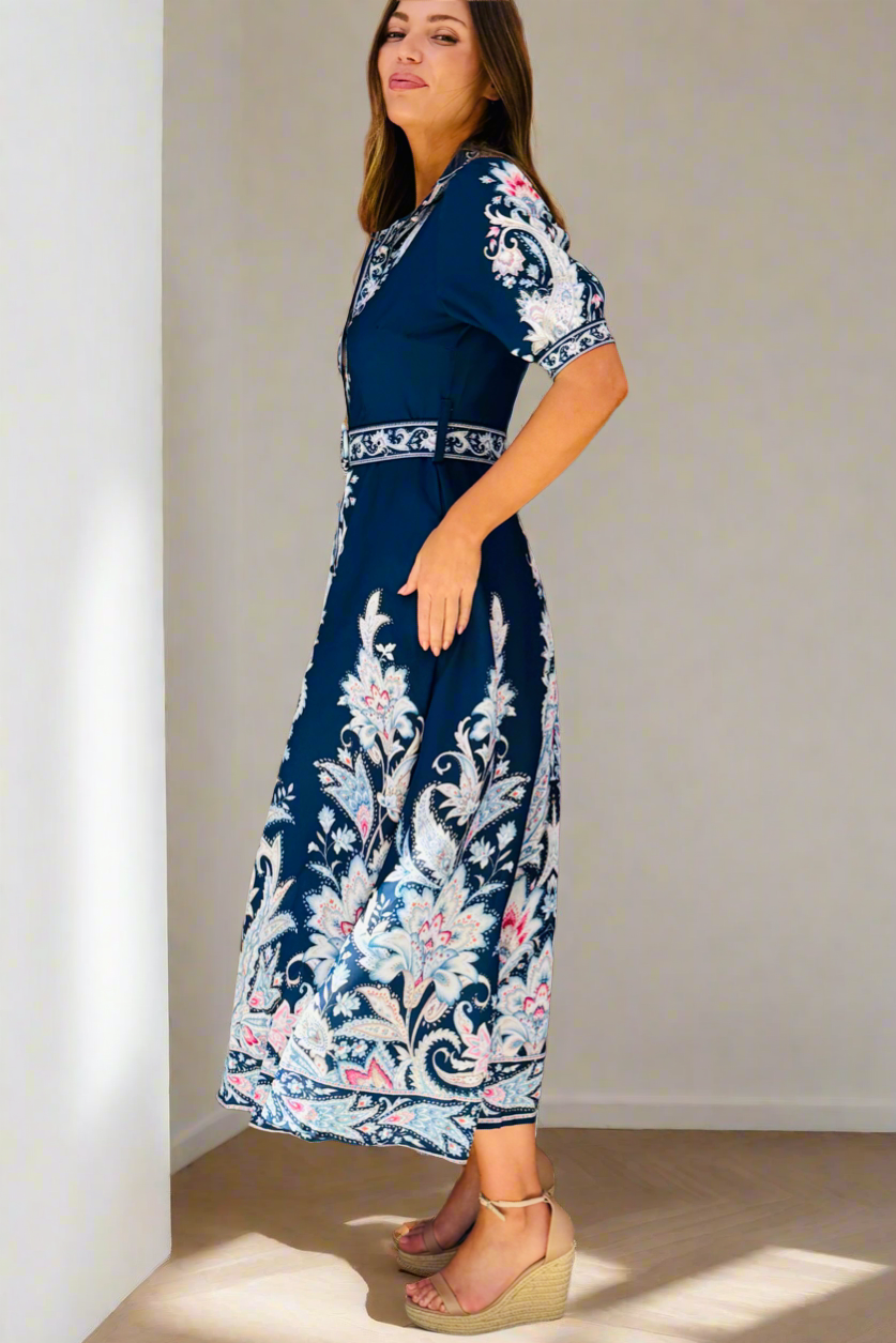 Monica Embroidered Print Dress in Navy