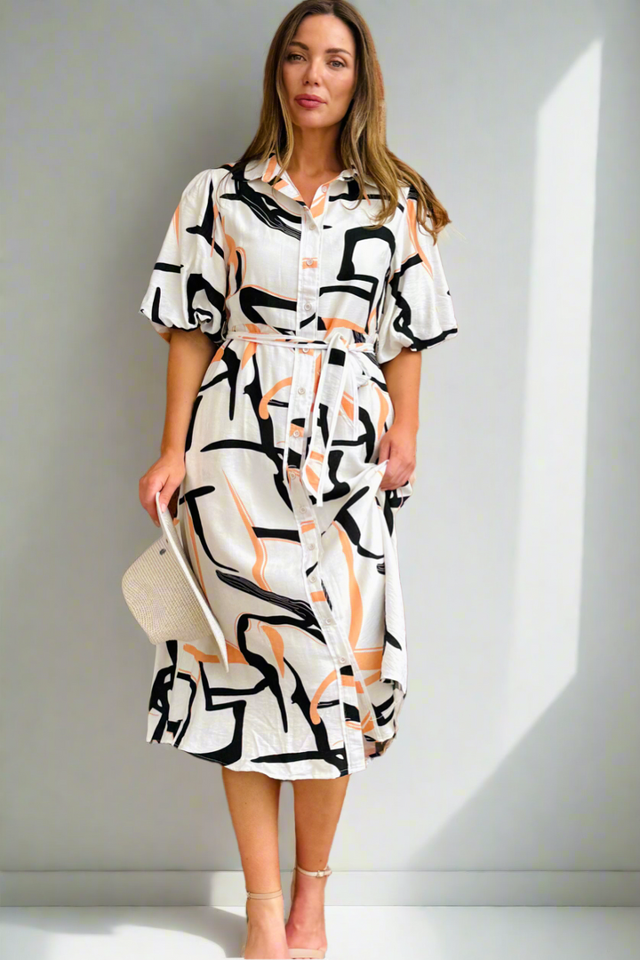 Leah Multi Print Shirt Dress in Off White