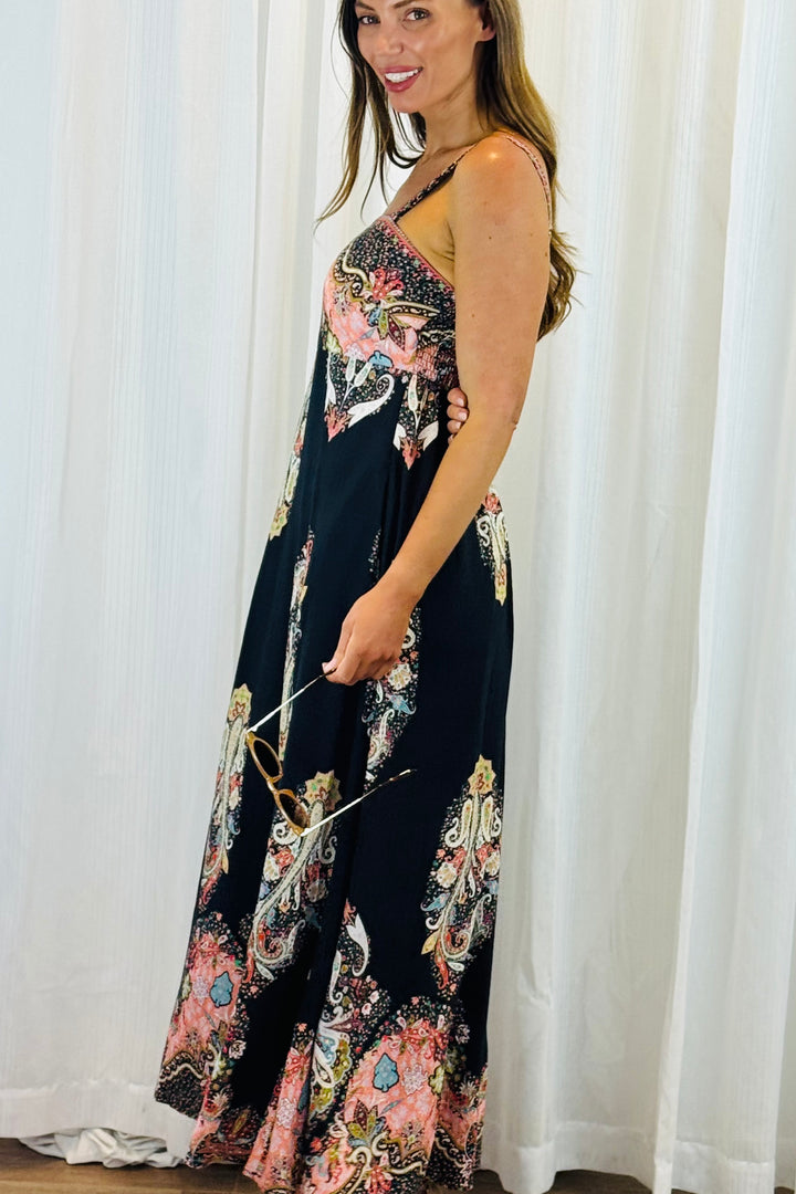 Positano Maxi in Black With Embroidery Multi Print