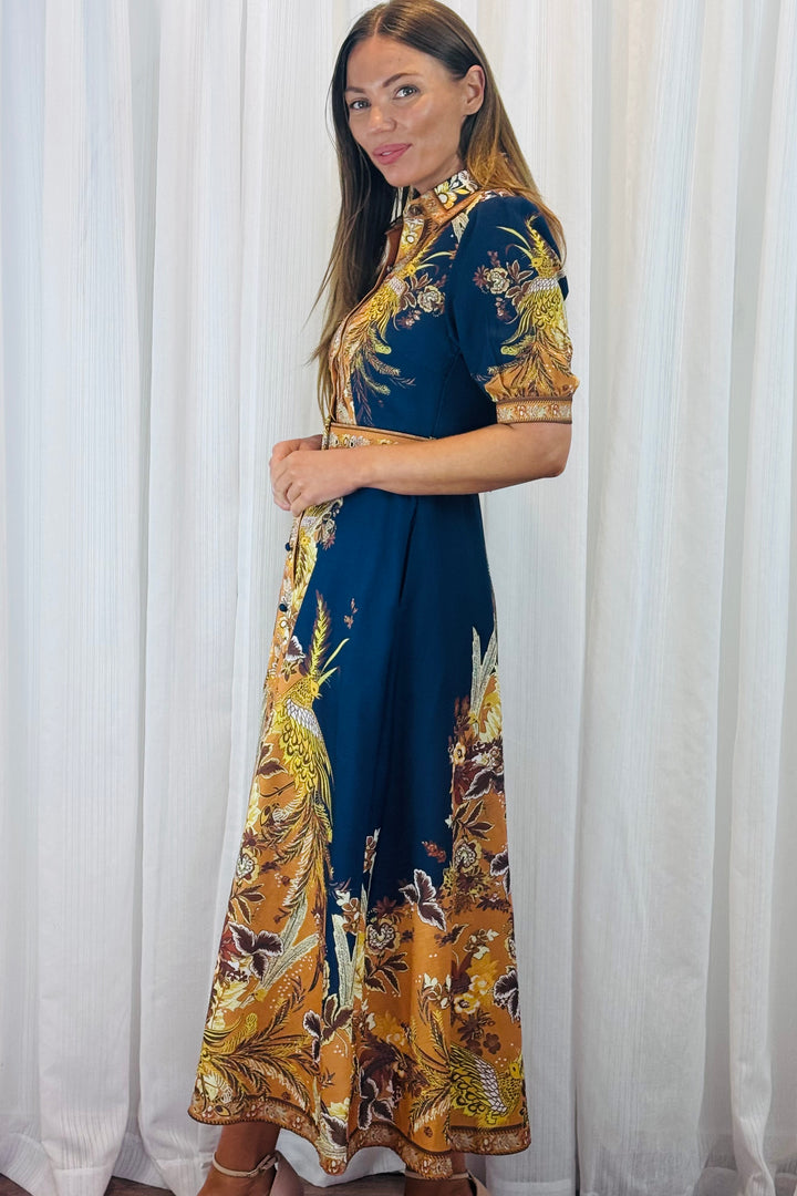 Marilyn Embroidered Print Maxi Dress in Navy.