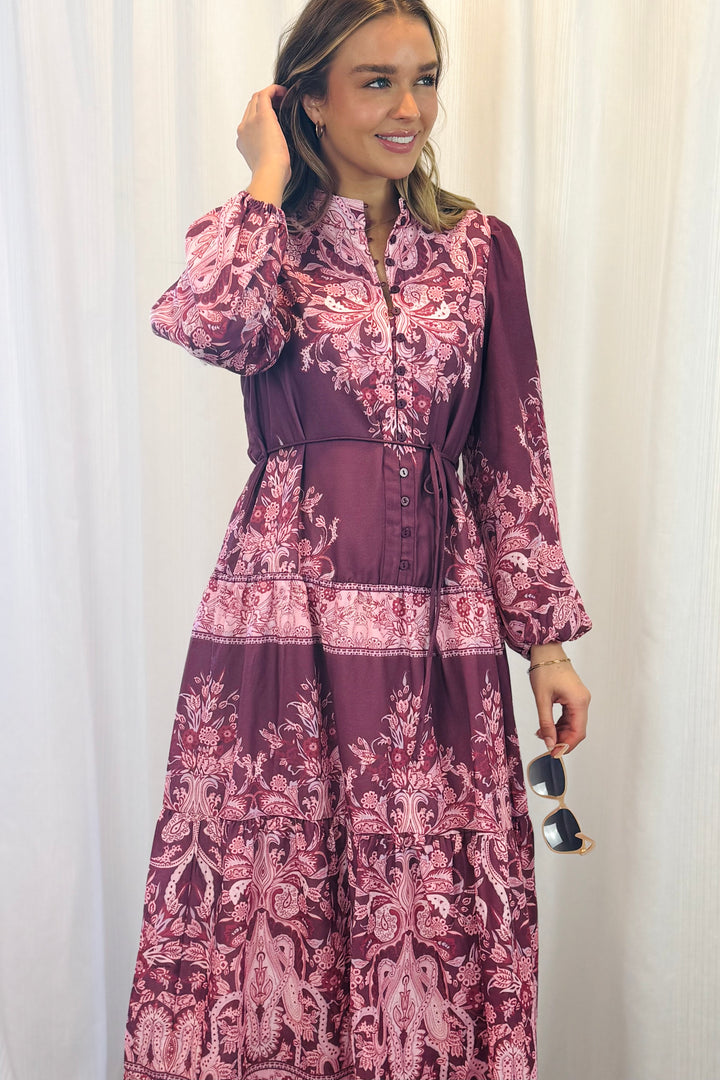 Sabrina Midi Multi Print Dress in Pink and Claret