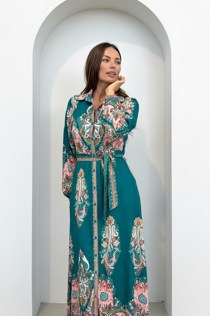 Gidget Dress  in Green Long Sleeve Print