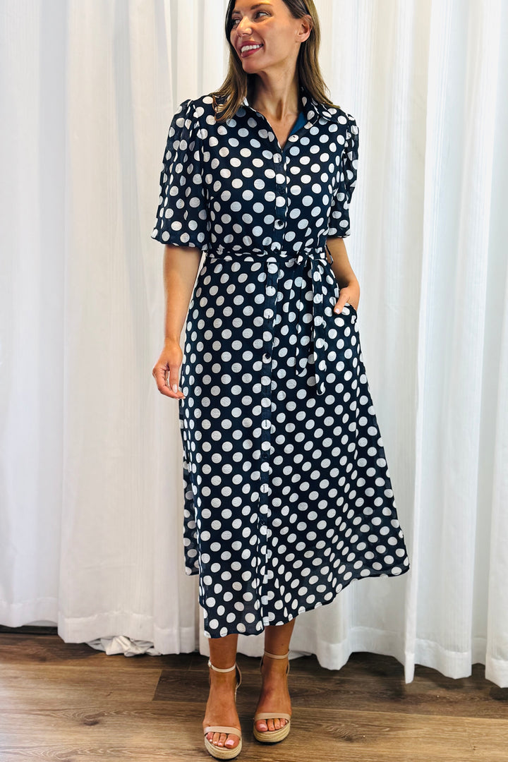 Fallon Shirt Dress In Navy and White Polka Dot-New Print