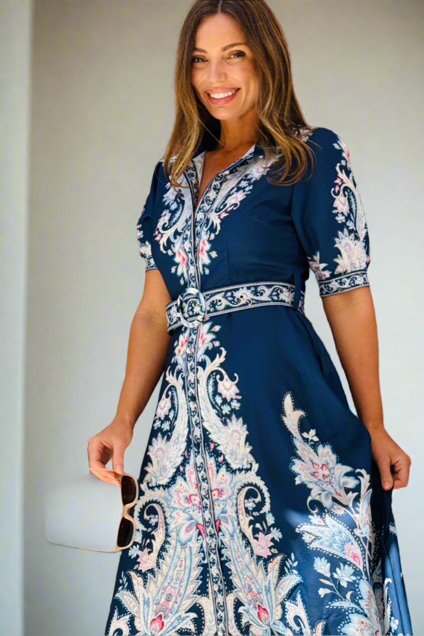 Monica Embroidered Print Dress in Navy