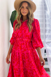 Amaya Long Sleeve Maxi Dress in Red and Pink