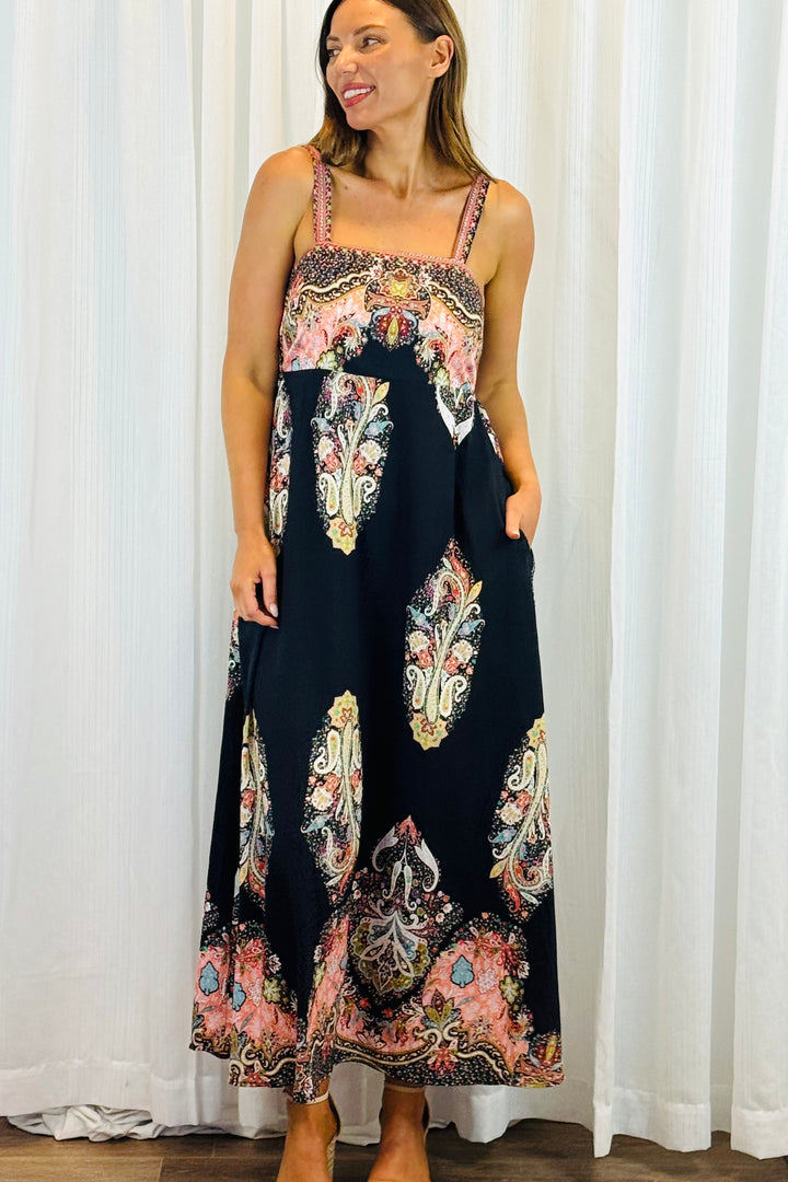 Positano Maxi in Black With Embroidery Multi Print