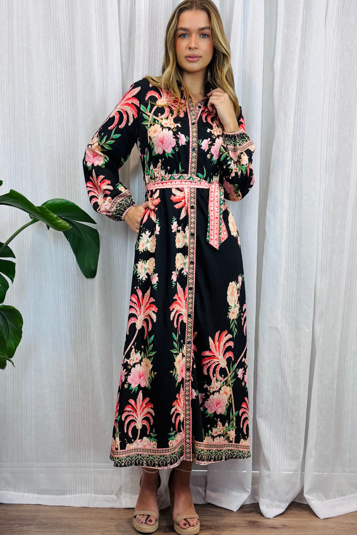 Maddison Palm Print Dress in Long Sleeve