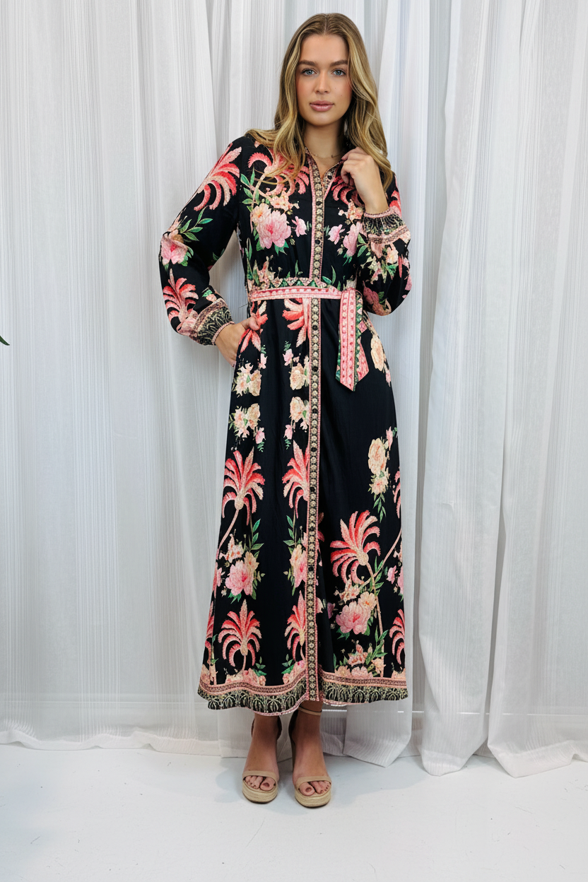 Maddison Palm Print Dress in Black Long Sleeve