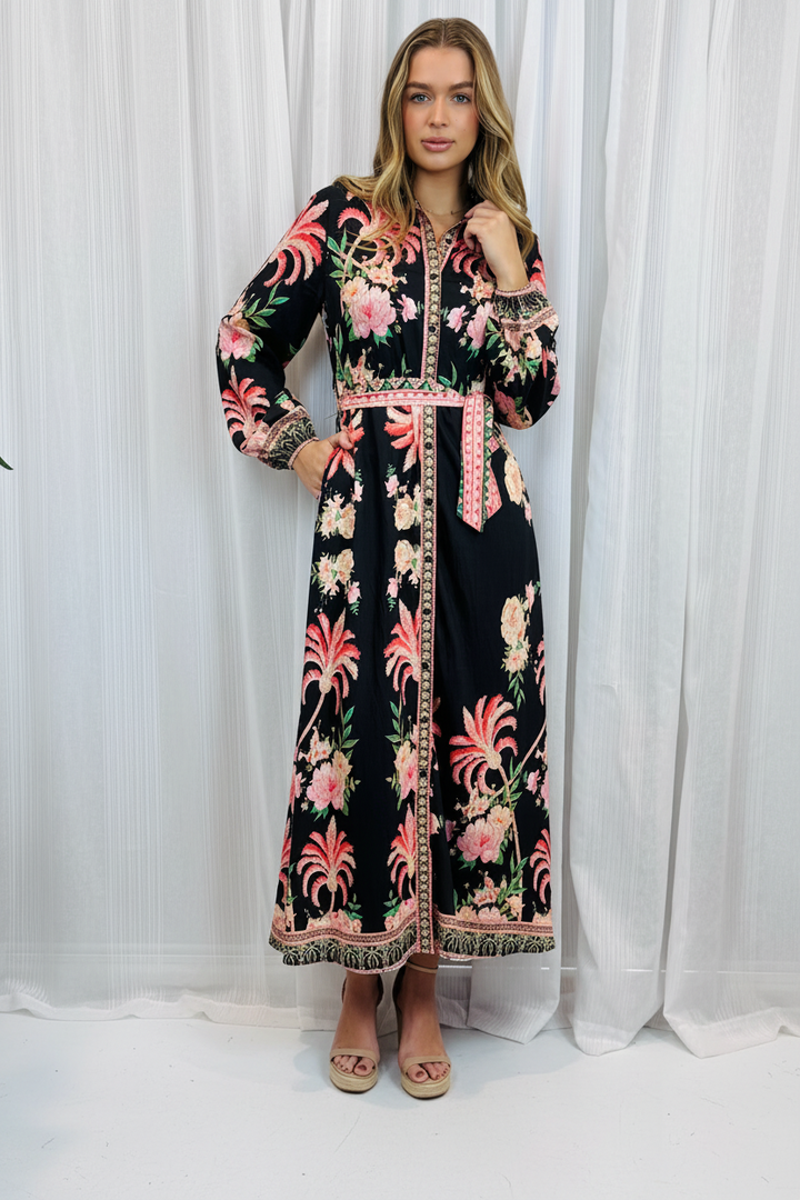 Maddison Palm Print Dress in Black Long Sleeve