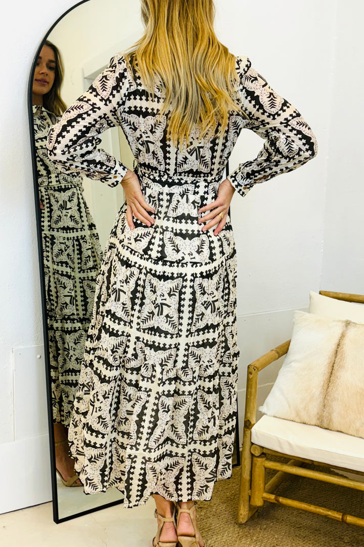 Amaya Long Sleeve Maxi Dress in Black and Cream Print