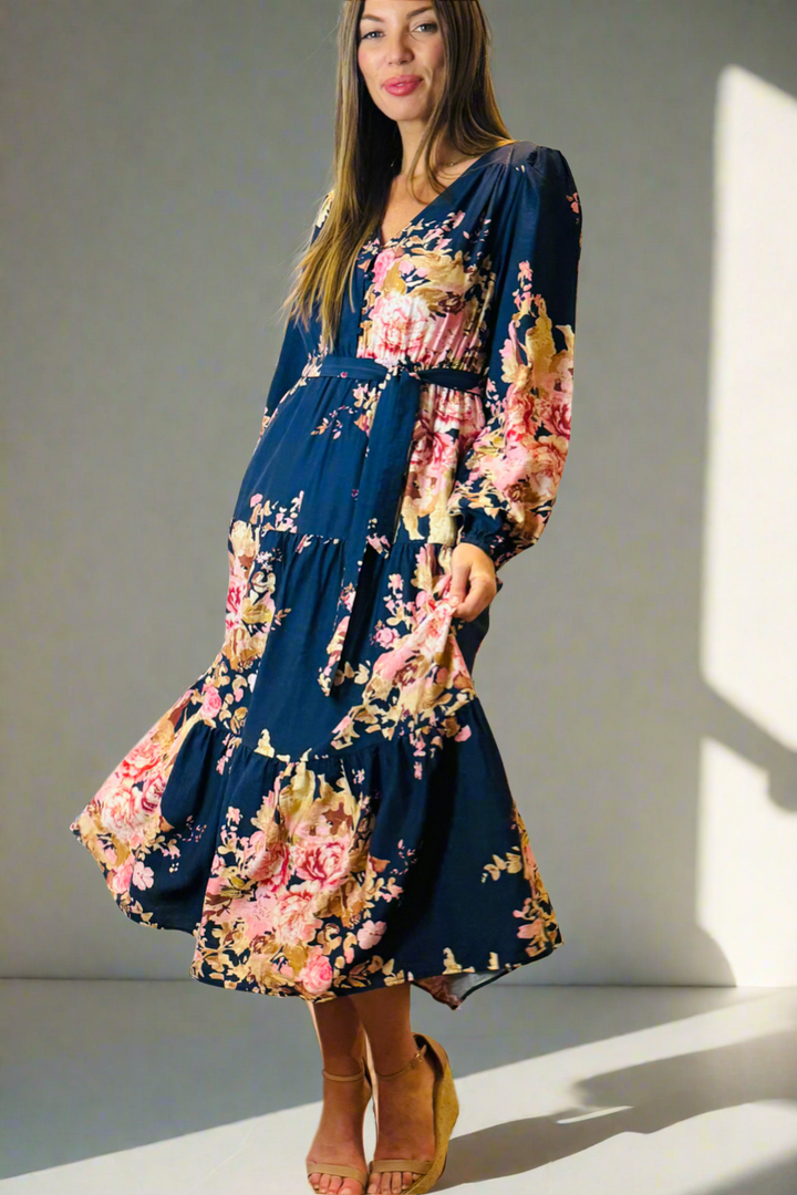 Zara Navy Floral Long Sleeve Dress