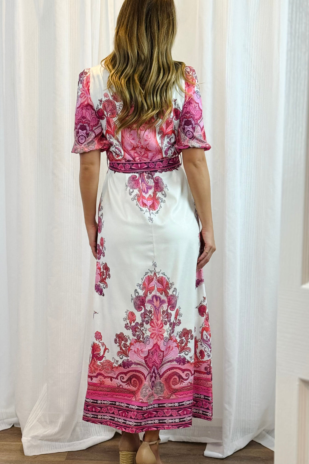 Portia Shirt Dress in White With Pink Embroidered Print