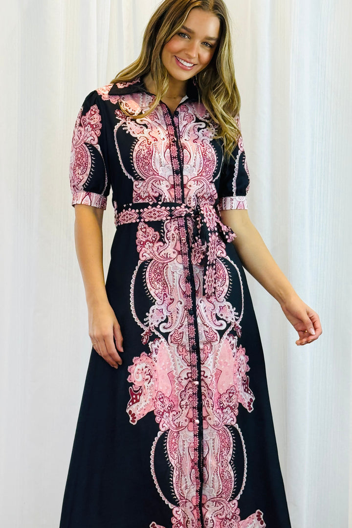 Eden Short Sleeve Dress With Pink Embroidered Print.