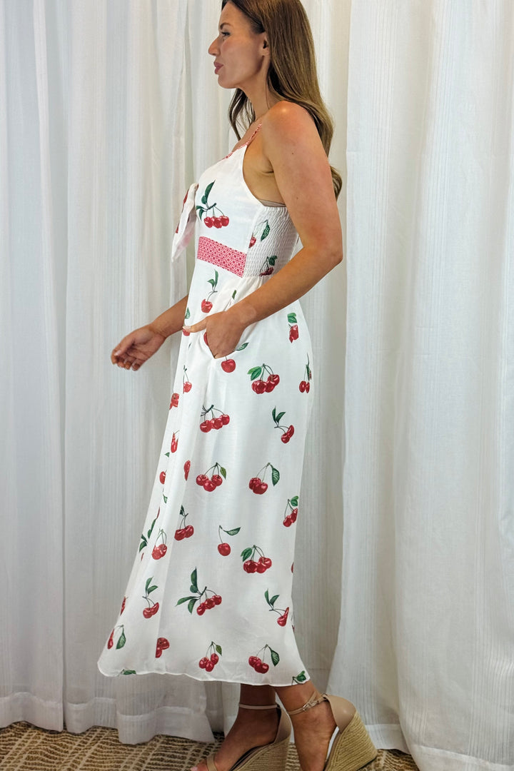 Arlie Cherry Print Dress in White