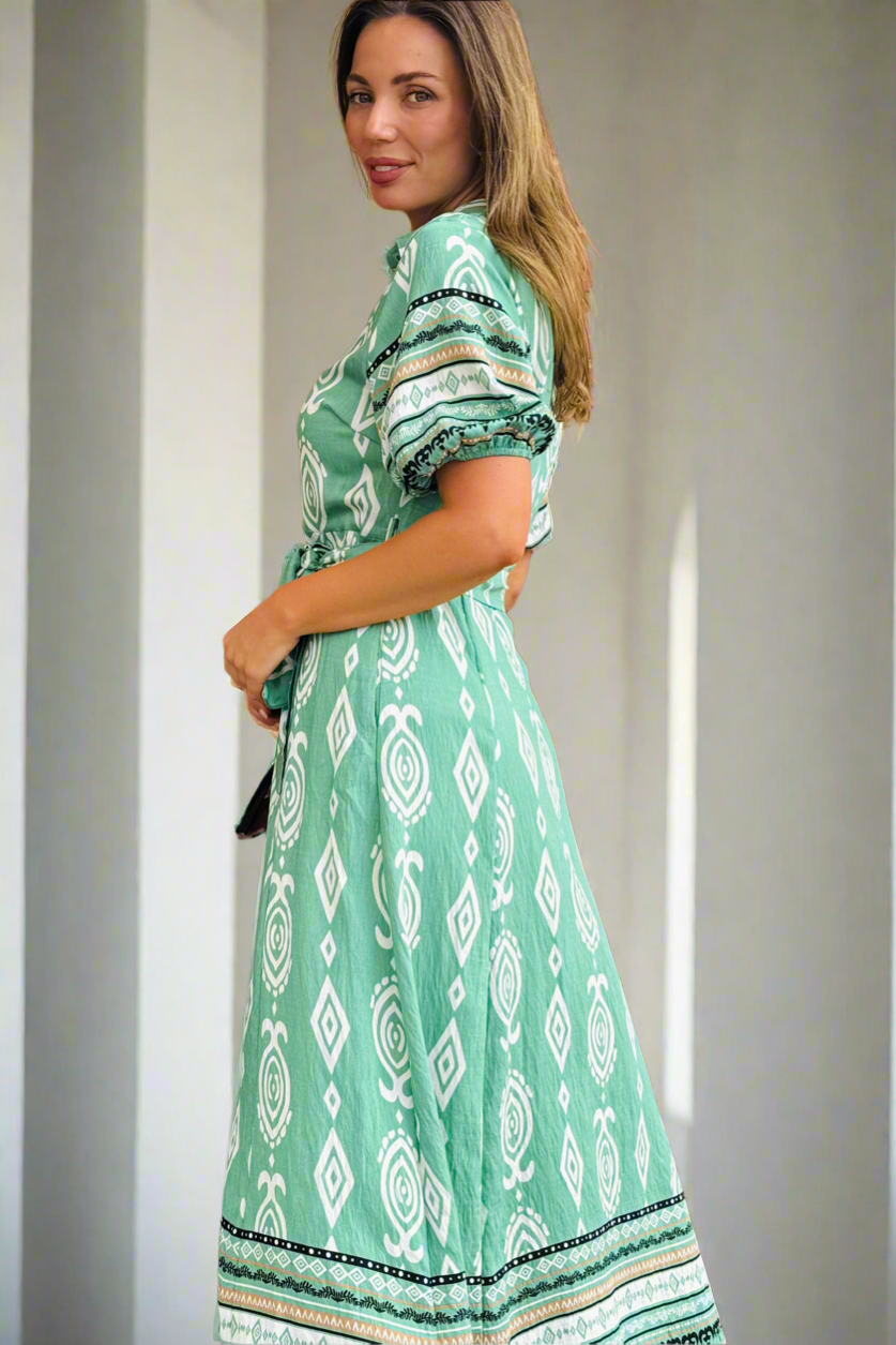 Erica Shirt Dress in Green  Batik Print