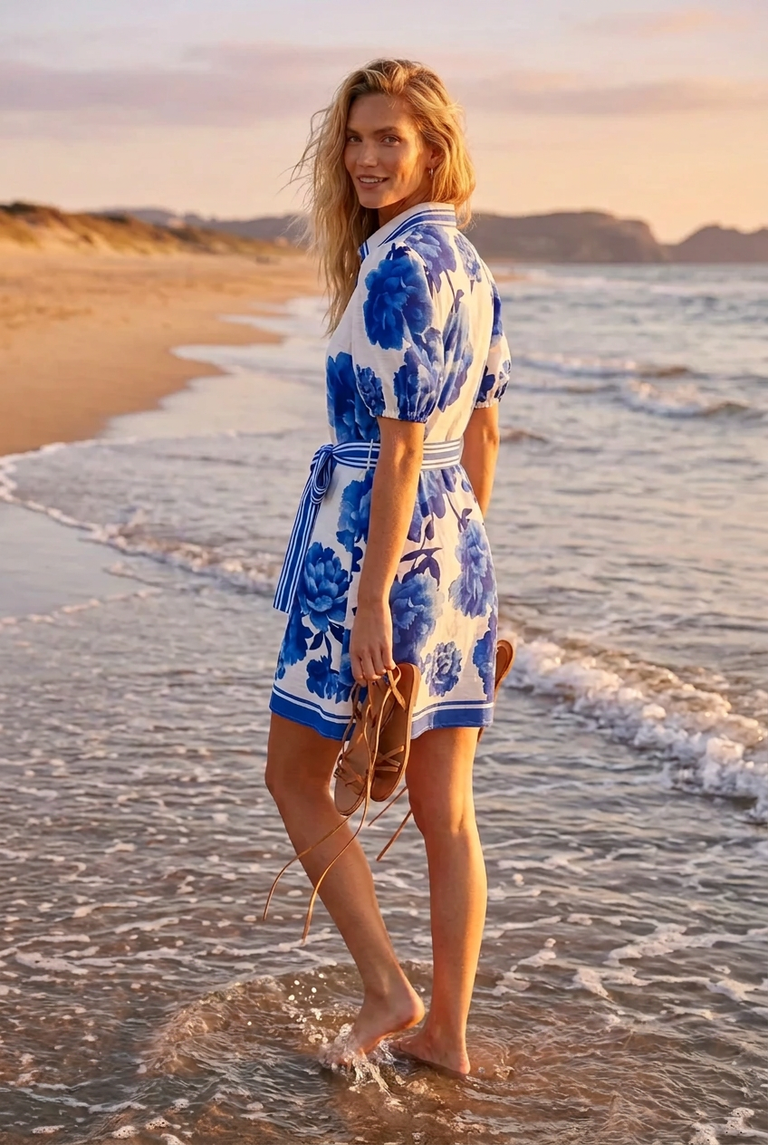 Natalia Blue and White Print Short Dress