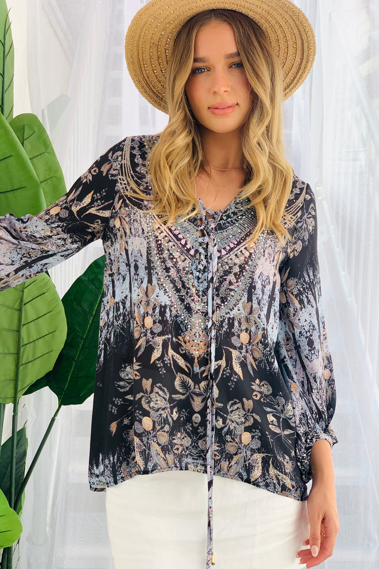 Eva Detailed Long Sleeve Beaded Top in Black