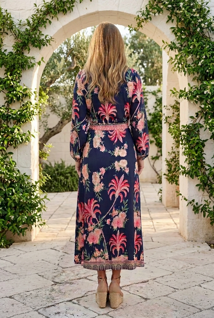 Maddison Long Sleeve Maxi Dress in Navy Print